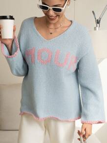 INAWLY Damen Loose Buchstaben Muster Dropped Shoulder Langarm Lässig Pullover, Herbst & Winter, Strick Pullover - Verschiedenfarbig - Übersicht 7