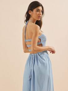 WESTFADE Light Blue Spring Crepe Smocked Bodice Tiered Ruffle Open Back Tassel Tie Maxi Halter Neck Dress - Baby Blue - View 4