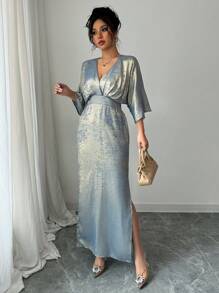 Elenzga 女士优雅休闲通勤派对情人节金属开衩长裙，春夏 - 藍色 - 查看 5