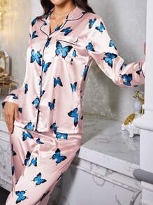 SHEIN Silk-Like Butterfly Print Lapel Long Sleeve Pajama Set - Baby Pink - View 5