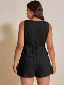 Elaquor 2pcs Plus Size Women's Solid Color Single-Breasted Sleeveless Shirt And Shorts Set Spring To Summer - Black - View 6