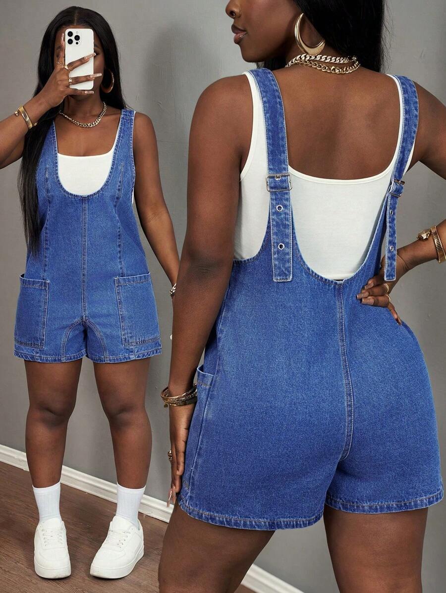 SHEIN Slayr Women's Casual Cute Denim Bib-And-Brace Pants And Jumpsuits