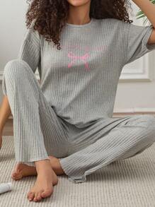 RueChic Women 2 Pcs Contrast Colour Slogan With Bow Pattern Homewear Lounge Set - Light Grey - View 1