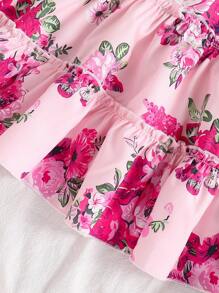Tween Girl Summer Floral Print Ruffle Hem Dress - Pink - View 5