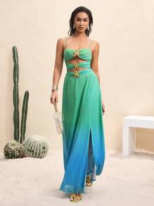 BY FELIZIA Blue-Green Gradient Printed Mesh Metal Gold Heart Hollow Backless Maxi Dress, Suitable For Vacation And Festivals, Boho Vacation Sundress Beach Dresses For Women Beach Formal Dress Women Dresses Beach Vacation Dresses Summer Dresses - Multicolor - View 3