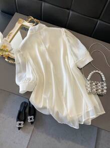 Franclia 大码女式优雅缎面蝴蝶结衬衫 - 杏色 - 查看 2