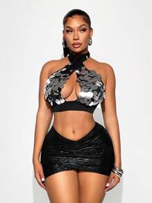 Sirith Top corto con lentejuelas, abertura y espalda descubierta con cuello de halter, de moda y sexy para mujer