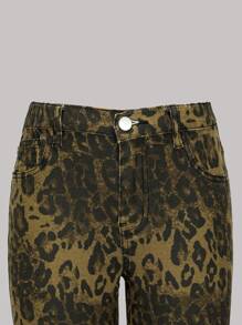 青少年女孩时尚豹纹水洗牛仔宽松喇叭牛仔裤，松紧腰带和拉链开合，时尚舒适 - 黑色 - 查看 7