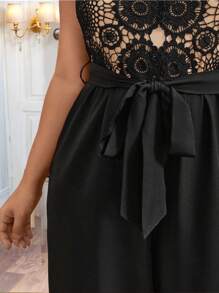 SHEIN Belle Bộ đồ liền thân ren chắp vá vải trơn màu cổ tròn tay lửng thanh lịch - màu đen - Xem 6