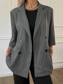 DAZY Blazer holgado de manga corta con bolsillo a rayas para mujer en verano