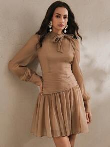 Anewsta Elegant Slimming Waist Vintage French Palace Style Minimalist A-Line Short Dress, Spring/Summer Outfit For Women - Coffee Brown - View 6