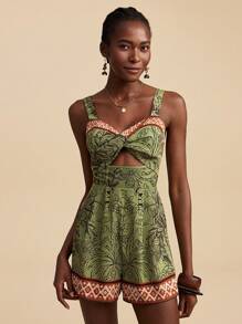 Travachic Bộ đồ liền thân hở vai in họa tiết cây nhiệt đới cho nữ, phong cách kỳ nghỉ, trang phục mùa hè cho nữ, trang phục bãi biển cho nữ, trang phục phương Tây cho nữ, trang phục hòa nhạc cho nữ, phong cách Boho, kỳ nghỉ nhiệt đới - màu xanh lá - Xem 4