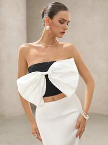 GENKIRA High Quality Satin Contrast Color Oversized 3D Bow Design Elegant Romantic Formal Vibe Bandeau Top For Women - Black - View 3