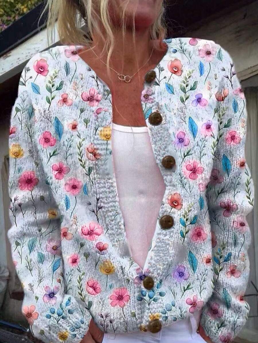 SHEIN LUNE Nuevo cárdigan ligero con botones y estampado floral para mujer, de manga larga, cuello redondo, casual con botones