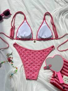 Swim Vcay Nuevo conjunto de bikini de 2 piezas con Top halter con espalda descubierta y con giro, y tanga de corte alto con estampado floral pequeño, para traje de baño de dama en playa y resort