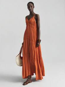 Ontre 2025 Women's Vacation Solid Color Ruffle Hem Sleeveless Dress, Bohemian Style, Suitable For Ibiza Island, Vacation, Festival, Orange