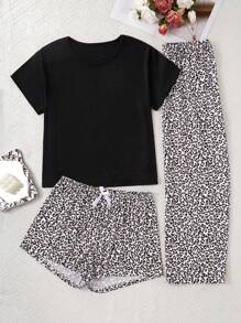 SHEIN Set de pijama de 3 piezas de talla grande con unicolor y estampado de leopardo de manga corta
