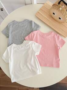 SHEIN 3 件套女婴休闲可爱动物印花短袖圆领上衣，适合夏季 - 彩色 - 查看 2