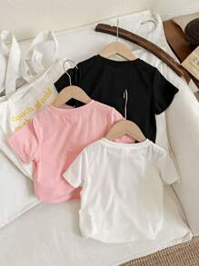 SHEIN ModeFlare Wear 年轻女孩 3 件套夏季休闲粉色蝴蝶、豹纹和心形印花卡通图案 T 恤，适合夏季