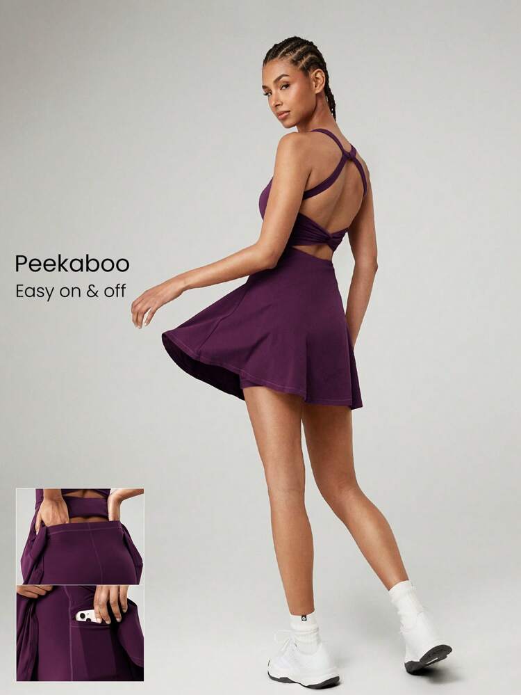 FeatherFit™-Air Spieleset A-Linie Kleid mit integrierter Passe-Ausschnitt, kurzem Rock, geknoteter Tasche, Neckholder, leichte Belastung, Alltag Sommer, schnelltrocknend, feuchtigkeitsableitend