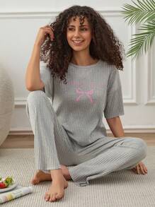 RueChic Women 2 Pcs Contrast Colour Slogan With Bow Pattern Homewear Lounge Set - Light Grey - View 4