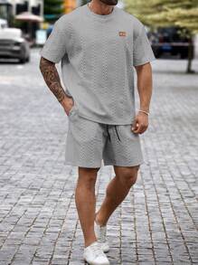 Manfinity Homme Men Plus Size Summer Casual Solid Textured T-Shirt And Shorts Set, Cozy Outfits