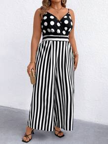 SHEIN Clasi Mono elegante y versátil para mujer con diseño de rayas y lunares, de cuello en V sin mangas, con pernera ancha, ajustable, ideal para ir a trabajar o eventos casuales, color negro y blanco, talla grande, para primavera/verano/otoño