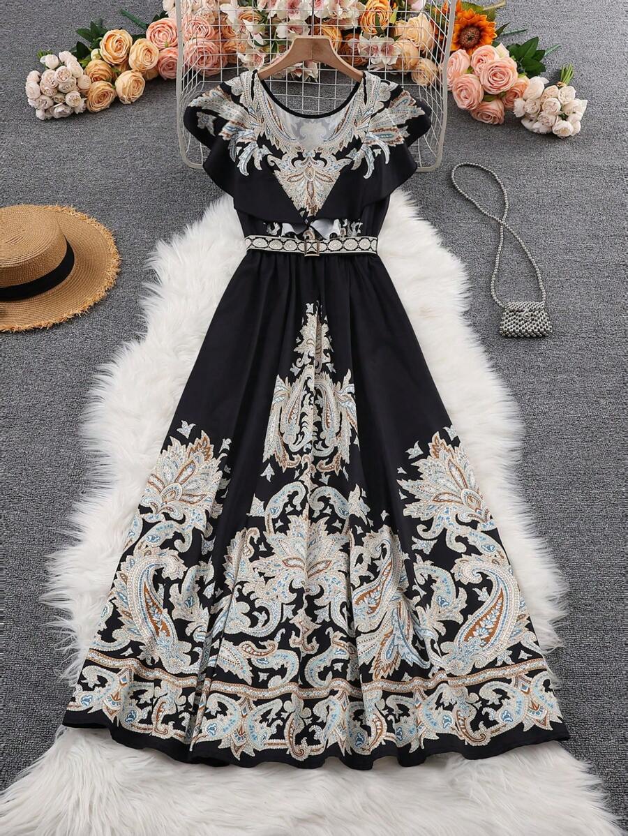 SHEIN Unity Frauen elegantes Lässig Kleid mit V-Ausschnitt, Rüschenärmeln, elastischer Taille und Blumenmuster, Farbe Schwarz, geeignet für den täglichen und Urlaubsgebrauch, Frühling/Sommer - Schwarz - Übersicht 1