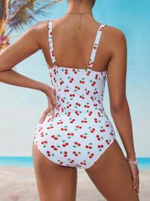 Swim Mod 女士樱桃印花弧形下摆休闲连体泳衣 - 彩色 - 查看 3