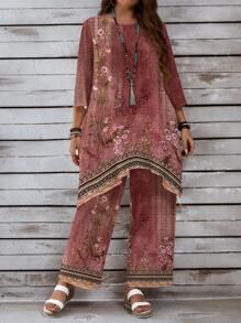 EMERY ROSE 2pcs Plus Size Casual Retro Printed Set, Suitable For Spring And Autumn - Multicolor - View 4