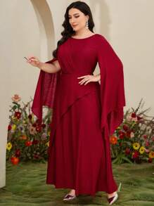 Modelyn Gaun Elegan Wanita Ukuran Besar Gaya Arab Warna Polos Leher Bulat Belahan Lengan Panjang - Burgundy - View 4