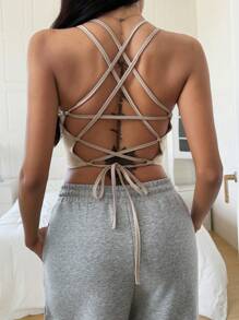 DAZY Sexy Solid Backless Design Racerback Camisole Tank Top For Women With Built-In Pads - Khaki - View 5