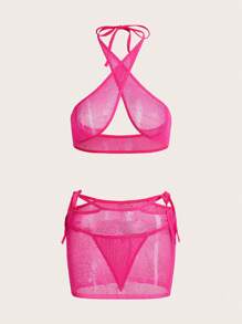 3pcs Women Sexy Sheer Lingerie Set - Bra, Skirt, Thong With Crystal Decor - Pink - View 6