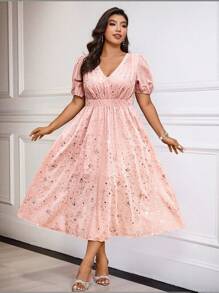 SHEIN Belle 大码 V 领金属光泽宽松优雅派对连衣裙 - 粉色 - 查看 4