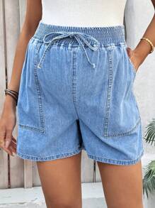 SHEIN Maternity Casual Large Pocket Loose Denim Shorts, Blue, Summer, Suitable For Parties, Holidays, Dates, Valentine's Day, Afternoon Tea, Vacation, Music Festival, Bohemian, Summer For Women/Summer/Summer/Cute, Easter/Easter /Easter Women, Rave/Concert Women/Country Concert/Rave/Rave Festival/Nashville/Ibiza, Elegant, Vacation Woman/Beach Vacation, Boho/Bohemia/Boho Women's;Cowgirl/Cowboy, Mother Day/Mom/Mother/ Mommy/Mother's Day/Mama/Mum/Mother's Day Gift