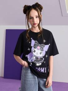 HELLO KITTY AND FRIENDS | SHEIN 青少年女孩卡通图案黑色休闲百搭短袖 T 恤 - 黑色 - 查看 1