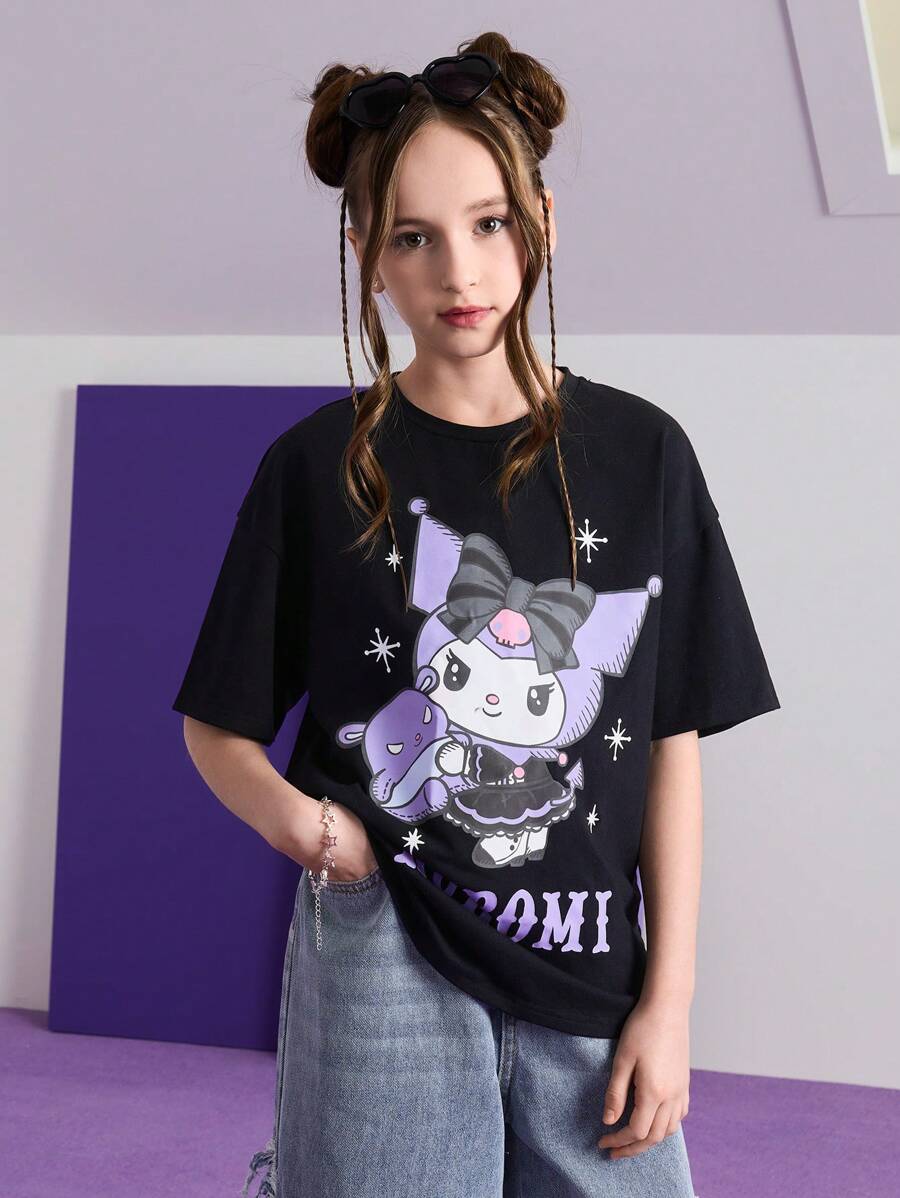 HELLO KITTY AND FRIENDS | SHEIN 青少年女孩卡通图案黑色休闲百搭短袖 T 恤 - 黑色 - 查看 1