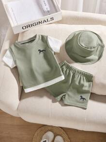 SHEIN Playful Pals Set de 3 piezas para bebé/niño pequeño de verano con cuello redondo 2 en 1 top y shorts con gorro, de tela tipo gofre, adecuado para juego diario al aire libre, escuela, vacaciones, estilo elegante, apto para ocio familiar, deportes y reuniones
