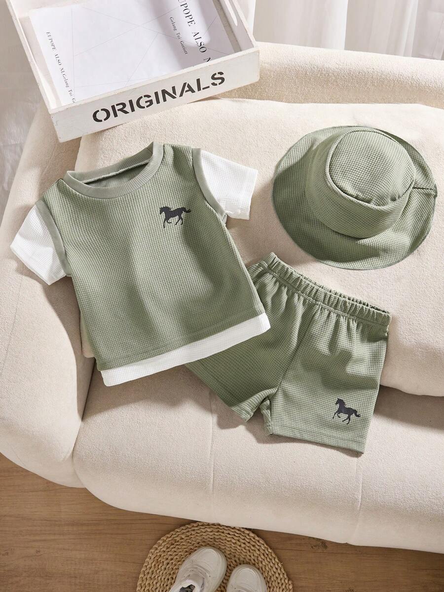 SHEIN Playful Pals Set de 3 piezas para bebé/niño pequeño de verano con cuello redondo 2 en 1 top y shorts con gorro, de tela tipo gofre, adecuado para juego diario al aire libre, escuela, vacaciones, estilo elegante, apto para ocio familiar, deportes y reuniones