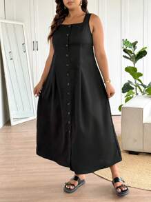 SHEIN Frenchy Vestido maxi negro sin mangas con diseño de botones para mujer de talla grande, estilo elegante y casual, nueva moda de primavera/verano