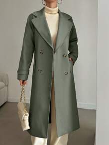EURMUSE 1pc Women Casual Solid Color Double-Breasted Coat, Autumn/Winter - Olive Green - View 3
