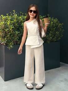 SHEIN Nova Glow Tween Girl Apricot Commuting Daily Asymmetric Ruffle Waist Long Pants 2 Pieces Set - Beige - View 3