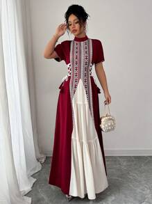 Rafferiza Women's Elegant Patchwork Floral Belted Waist Cinch Midi Dress - Burgundy - View 4