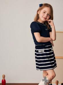 PrepCrw Set aus marineblauem T-Shirt mit Schleifen-Dekor und gestreiftem A-Linien-Rock im Collegestil für Kleine Mädchen, Frühling/Sommer - Verschiedenfarbig - Übersicht 4