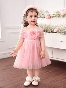 Babygirl 夏季可爱优雅粉色花朵网眼连衣裙 - 黑色 - 查看 4