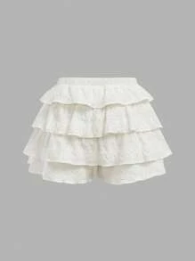 SHEIN Leap Crew Tween Girls' Solid Color Elegant Sweet Ballet Layered Ruffle Waist Skirt Shorts - White - View 2