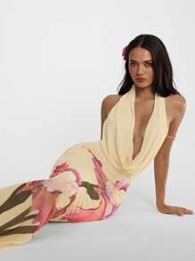 Aloruh Women's Sexy Backless Halter Dress With Floral Print Maxi Dress Women Summer Dress Women Summer Outfits For Women Vacation Outfits Woman Butter Yellow Dress Butter Yellow Dress