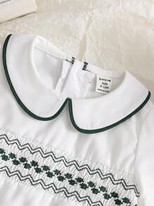 SHEIN 2pcs/Set Baby Boy Eid Mubarak Outfit - Mandarin Collar Short Sleeve Top And Shorts - Green - View 5