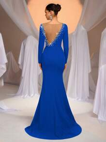 Aureia Elegant Luxurious Rhinestone & Bubble Bead Design Long Sleeve Ruched Mermaid Maxi Dress, Suitable For Wedding, Party, Dating, Ball Gown, Evening Dress (High-End), Formal, For Wedding Guest - Royal Blue - View 7