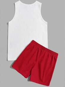 Manfinity VCAY 2pcs Men's Casual Palm Tree Print Knit Sleeveless Tank Top And Drawstring Waist Straight Fit Shorts Set, Suitable For Vacation - Red - View 2